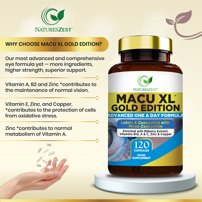 Premium Eye Supplement for Vision & Macular Health – Macu XL Gold Edition with Advanced Nutrient Complex, 120 Vegan Capsules