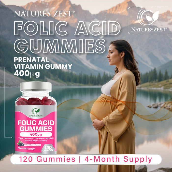 Folic Acid Gummies for Prenatal & Pregnancy Support – 400µg Natural Berry Flavour, 120 Gummies for Women