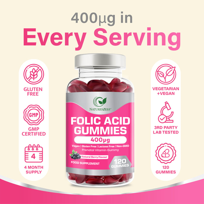 Folic Acid Gummies for Prenatal & Pregnancy Support – 400µg Natural Berry Flavour, 120 Gummies for Women