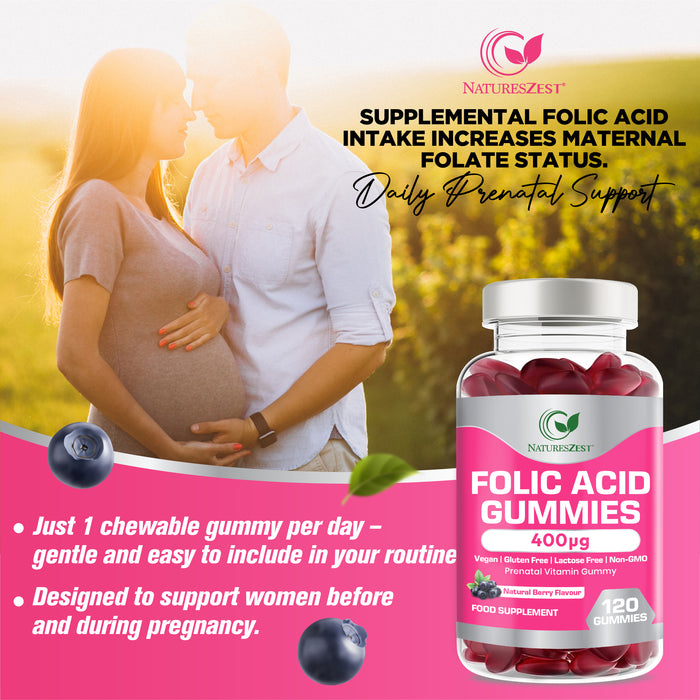Folic Acid Gummies for Prenatal & Pregnancy Support – 400µg Natural Berry Flavour, 120 Gummies for Women