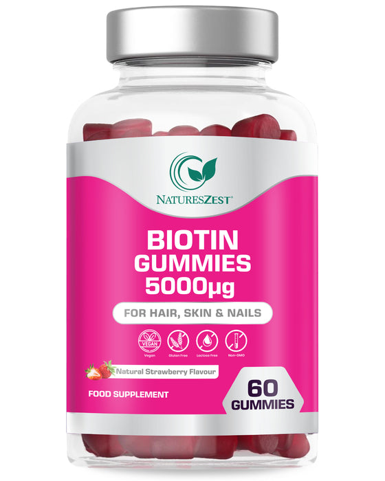 Biotin Gummies for Hair, Skin & Nail Support – 5000µg, Natural Strawberry Flavour, 60 Vegan Gluten-Free Non-GMO Gummies