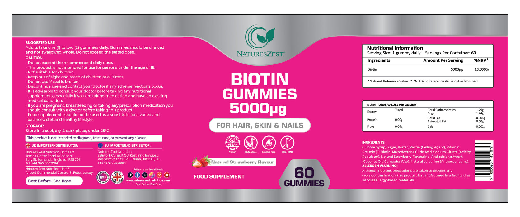 Biotin Gummies for Hair, Skin & Nail Support – 5000µg, Natural Strawberry Flavour, 60 Vegan Gluten-Free Non-GMO Gummies