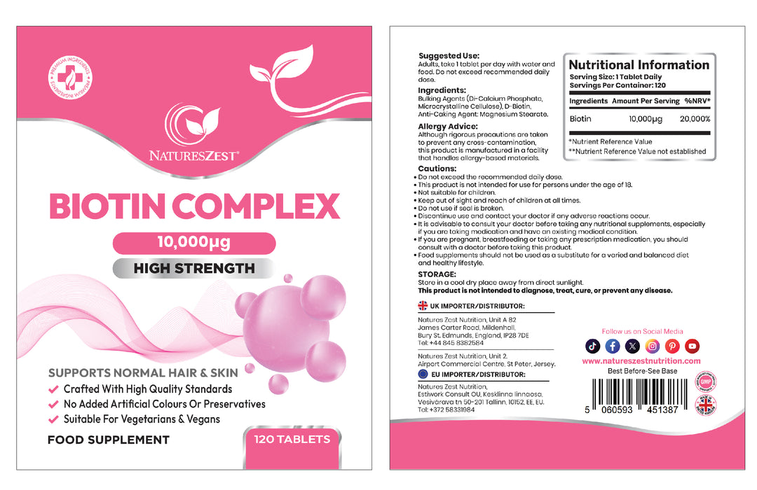 Biotin Complex for Hair, Skin & Nail Health – High Strength 10,000µg Vitamin B7, 120 Vegan Biotin Tablets