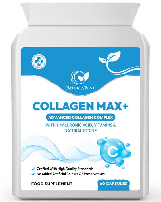COLLAGEN MAX+ with Hyaluronic Acid & Seaweed, Marine Collagen Capsules for Skin, Hair & Nails, Vitamins C, E, Biotin, No Additives, 60 Capsules