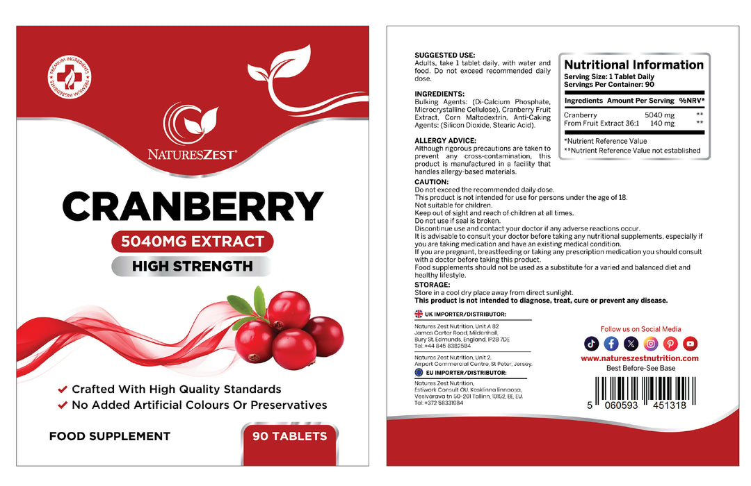 Cranberry Supplement for Urinary Tract & Bladder Support – High Strength Fruit Extract 5040mg, 90 Vegan Tablets