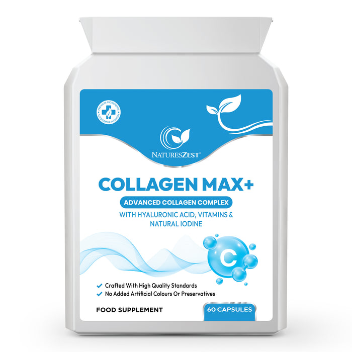 COLLAGEN MAX+ with Hyaluronic Acid & Seaweed, Marine Collagen Capsules for Skin, Hair & Nails, Vitamins C, E, Biotin, No Additives, 60 Capsules