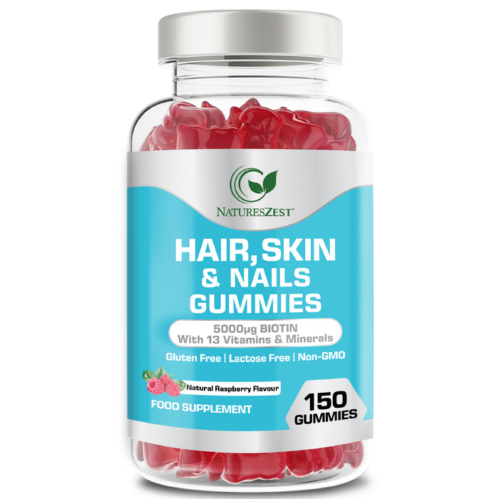 Hair, Skin & Nails Gummies 5000μg Biotin, Natural Raspberry Flavour, 150 Vegan Gummies for Men & Women