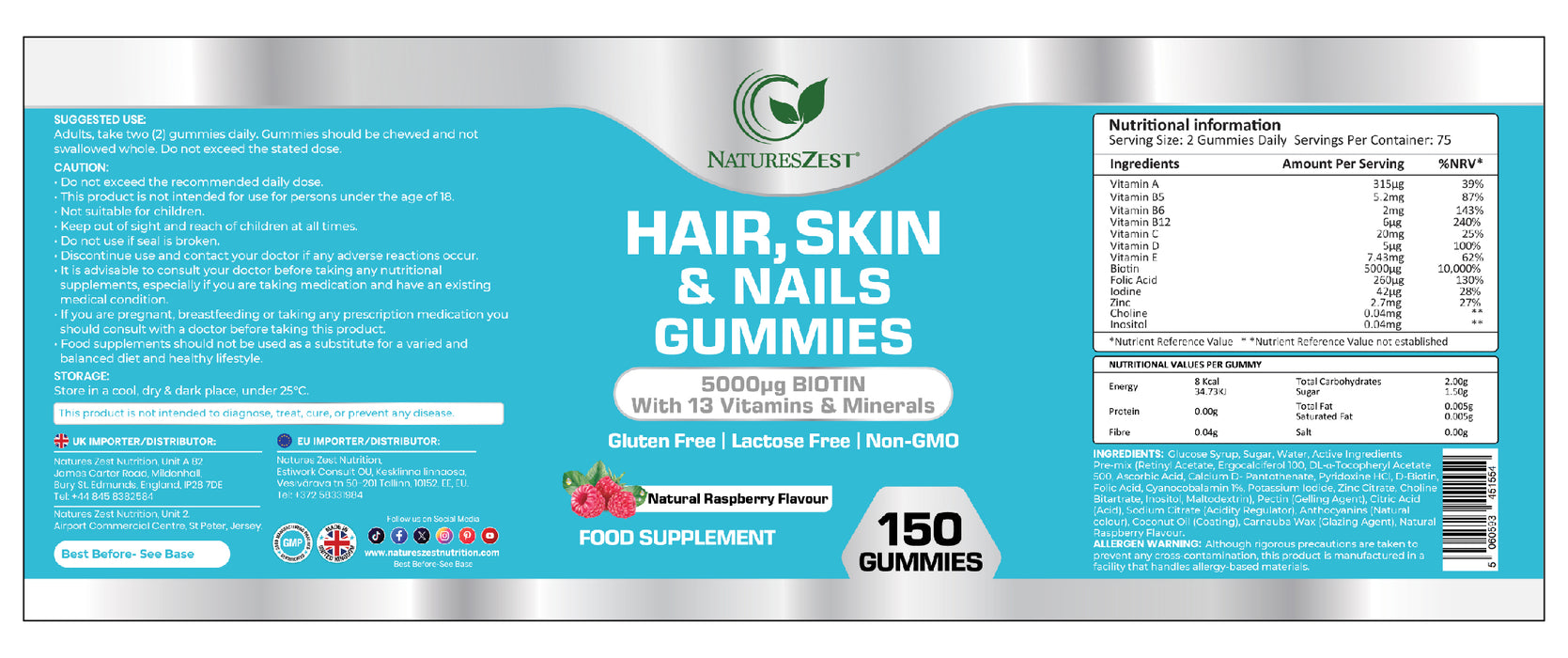 Hair, Skin & Nails Gummies with Biotin 5000µg – Natural Raspberry Flavour, 150 Vegan Gummies for Men & Women