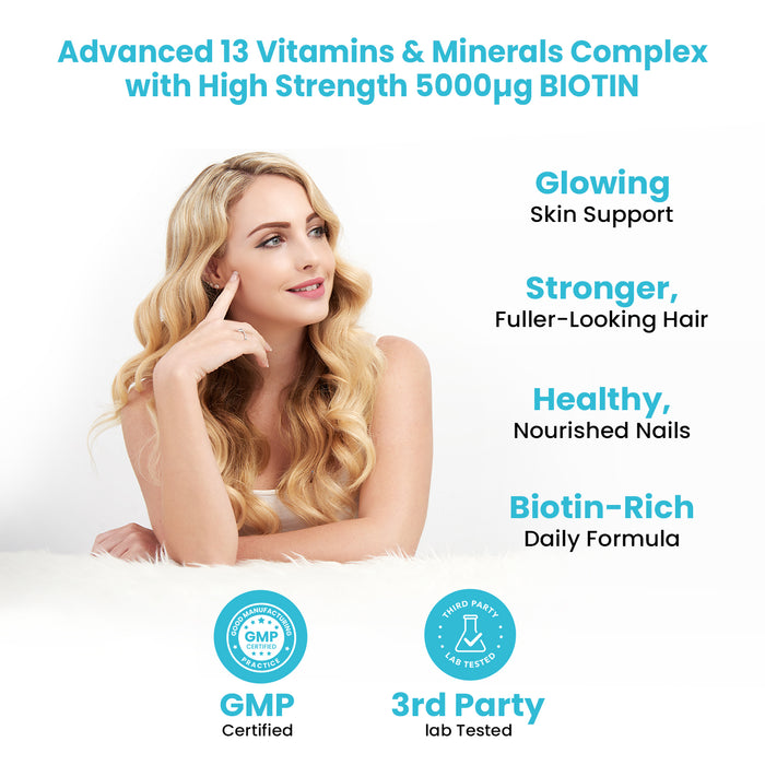 Hair, Skin & Nails Gummies with Biotin 5000µg – Natural Raspberry Flavour, 150 Vegan Gummies for Men & Women