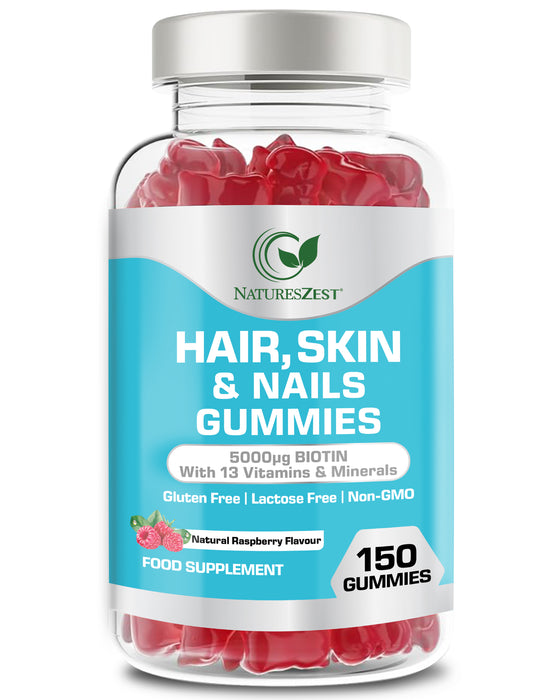 Hair, Skin & Nails Gummies 5000μg Biotin, Natural Raspberry Flavour, 150 Vegan Gummies for Men & Women