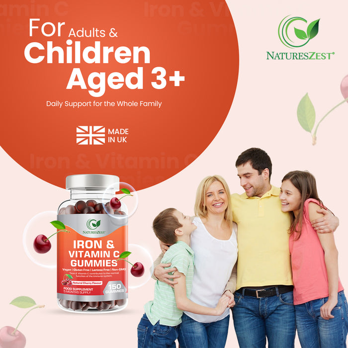 Iron & Vitamin C Gummies for Energy & Immunity Support – Adult & Kids Supplement, 150 Vegan Gummies for Daily Health