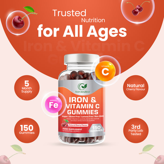 Iron & Vitamin C Gummies for Energy & Immunity Support – Adult & Kids Supplement, 150 Vegan Gummies for Daily Health