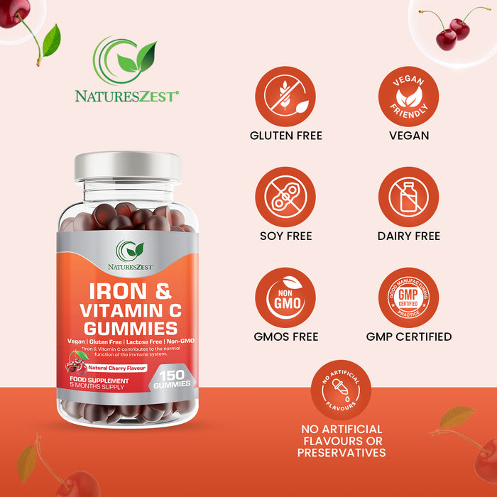 Iron & Vitamin C Gummies for Energy & Immunity Support – Adult & Kids Supplement, 150 Vegan Gummies for Daily Health