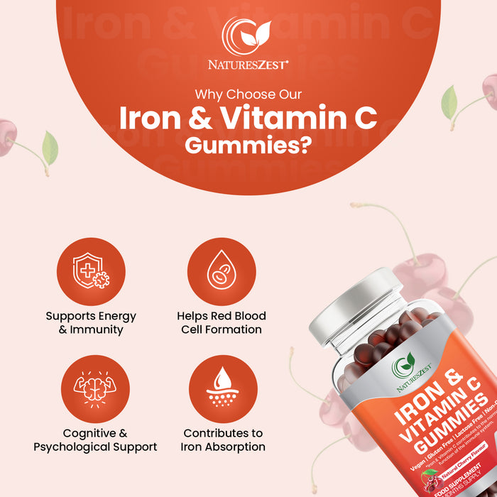 Iron & Vitamin C Gummies for Energy & Immunity Support – Adult & Kids Supplement, 150 Vegan Gummies for Daily Health