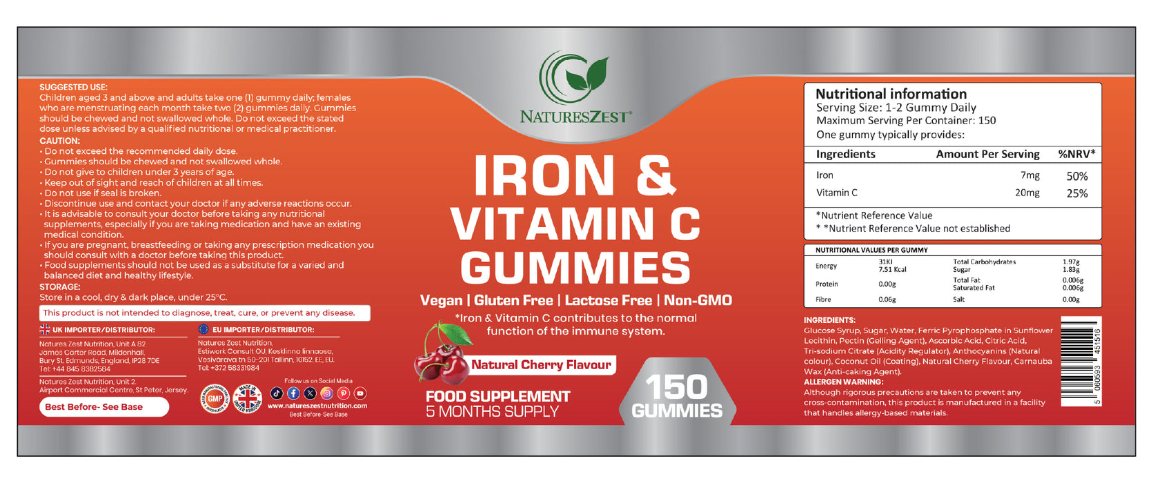 Iron & Vitamin C Gummies for Energy & Immunity Support – Adult & Kids Supplement, 150 Vegan Gummies for Daily Health