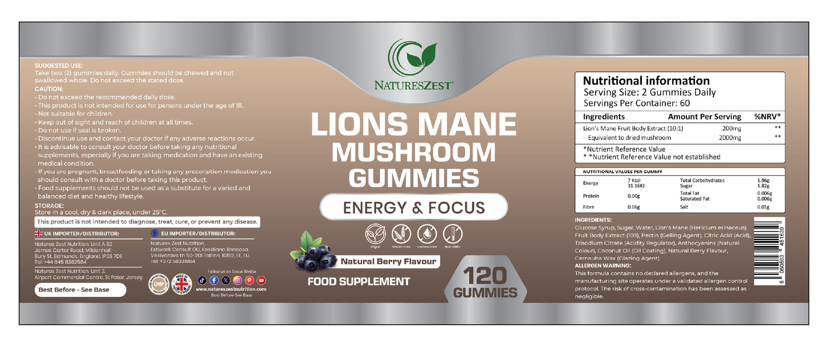 Lion’s Mane Gummies for Focus & Memory Support – 2000mg, 120 Vegan Berry Flavour Gummies for Brain Health