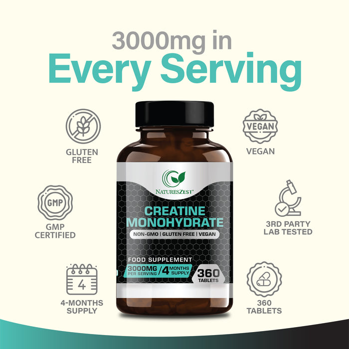 Creatine Tablets for Energy, Strength & Performance – High Strength Creatine Monohydrate 3000mg, 360 Tablets for Men & Women