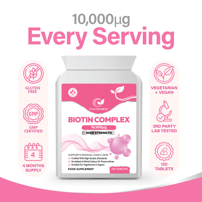 Biotin Complex for Hair, Skin & Nail Health – High Strength 10,000µg Vitamin B7, 120 Vegan Biotin Tablets