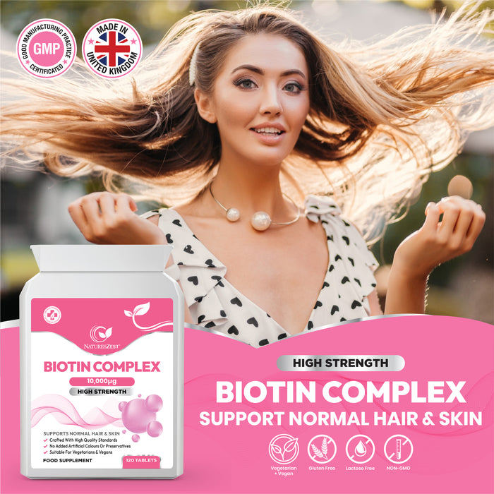 Biotin Complex for Hair, Skin & Nail Health – High Strength 10,000µg Vitamin B7, 120 Vegan Biotin Tablets