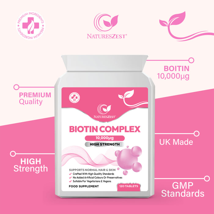 Biotin Complex for Hair, Skin & Nail Health – High Strength 10,000µg Vitamin B7, 120 Vegan Biotin Tablets