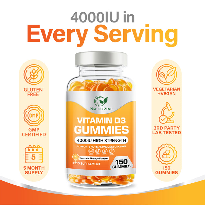 Vitamin D3 Gummies for Bone, Muscle & Immune Support – High Strength 4000 IU, 150 Vegetarian-Friendly Gummies
