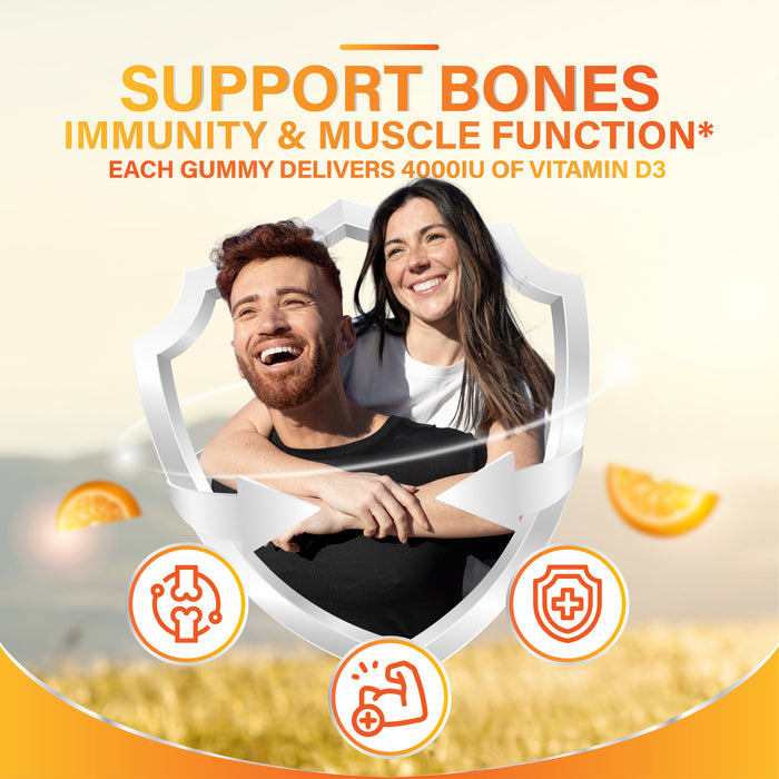 Vitamin D3 Gummies for Bone, Muscle & Immune Support – High Strength 4000 IU, 150 Vegetarian-Friendly Gummies