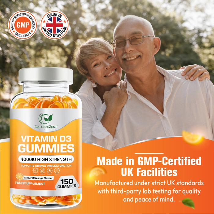 Vitamin D3 Gummies for Bone, Muscle & Immune Support – High Strength 4000 IU, 150 Vegetarian-Friendly Gummies