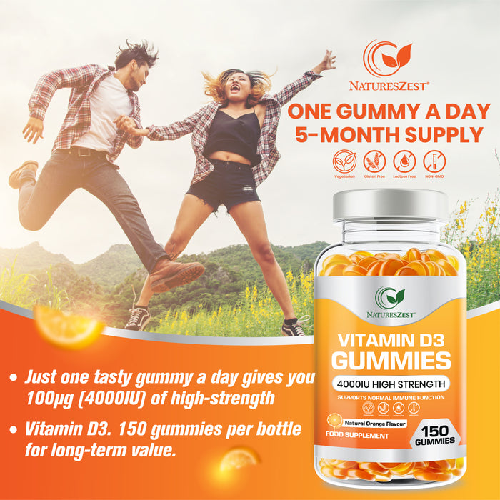 Vitamin D3 Gummies for Bone, Muscle & Immune Support – High Strength 4000 IU, 150 Vegetarian-Friendly Gummies
