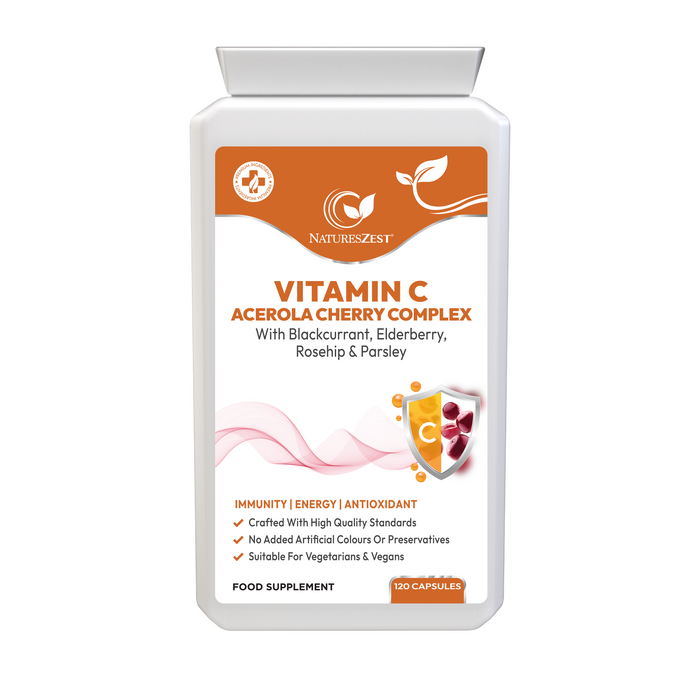 Vitamin C Acerola Cherry Complex – Natural Immune & Energy Support with Elderberry, Rosehip & Blackcurrant – 120 Vegan Capsules