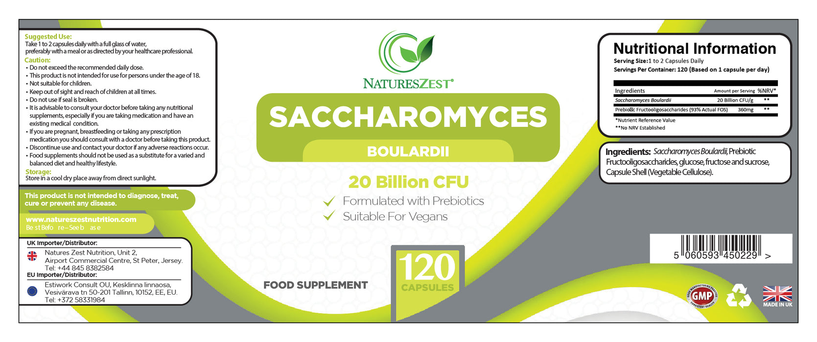 Probiotic for Travel & Post-Antibiotic Support – Saccharomyces Boulardii 20 Billion CFU with Prebiotics, 120 Capsules