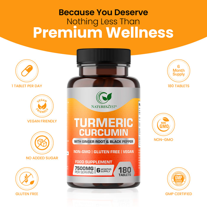 Turmeric Curcumin for Joint Comfort & Mobility Support– High Strength 7500mg Complex with Black Pepper & Ginger, 180 Tablets