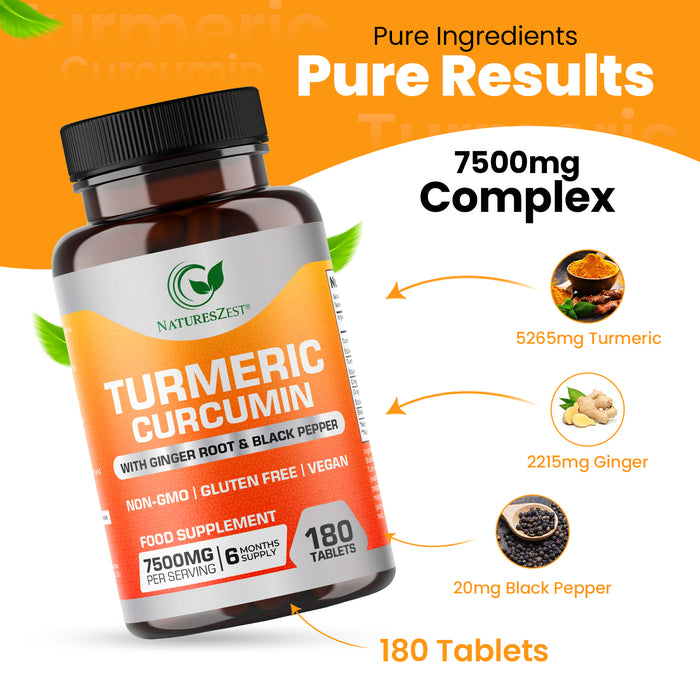 Turmeric Curcumin for Joint Comfort & Mobility Support– High Strength 7500mg Complex with Black Pepper & Ginger, 180 Tablets