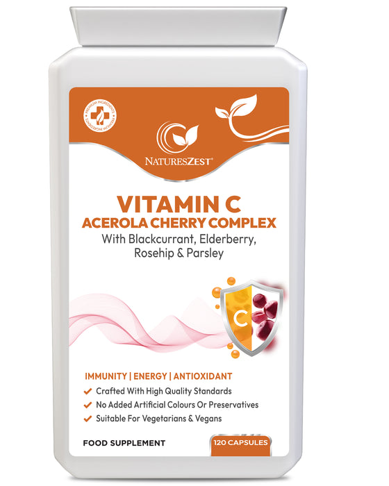 Vitamin C Acerola Cherry Complex – Natural Immune & Energy Support with Elderberry, Rosehip & Blackcurrant – 120 Vegan Capsules