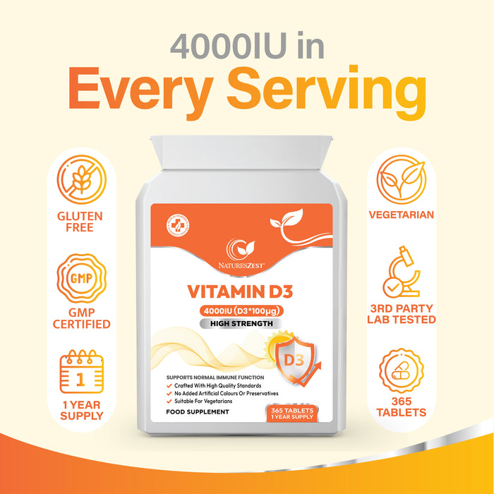 Vitamin D3 4000 IU for Bones, Muscles & Immune Support – High Strength, 1-Year Supply for Teeth & Calcium Absorption 365 Tablets
