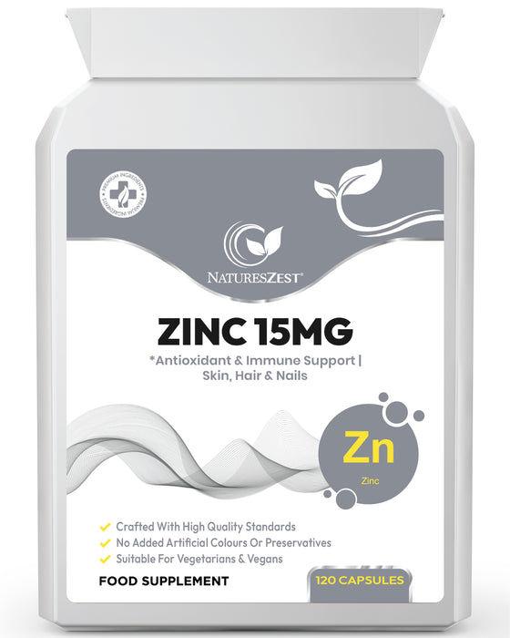 Zinc 15mg Supplement – 120 Vegan Capsules | Highly Absorbable Zinc Citrate | Supports Immunity, Hair, Skin, Nails, Cognitive Function & Bones