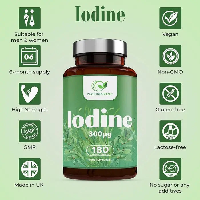 High Strength Iodine Supplement to Help Support Normal Thyroid Function - 180 Vegan Capsules Natures Zest