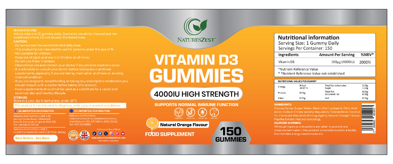 Vitamin D3 Gummies for Bone, Muscle & Immune Support – High Strength 4000 IU, 150 Vegetarian-Friendly Gummies