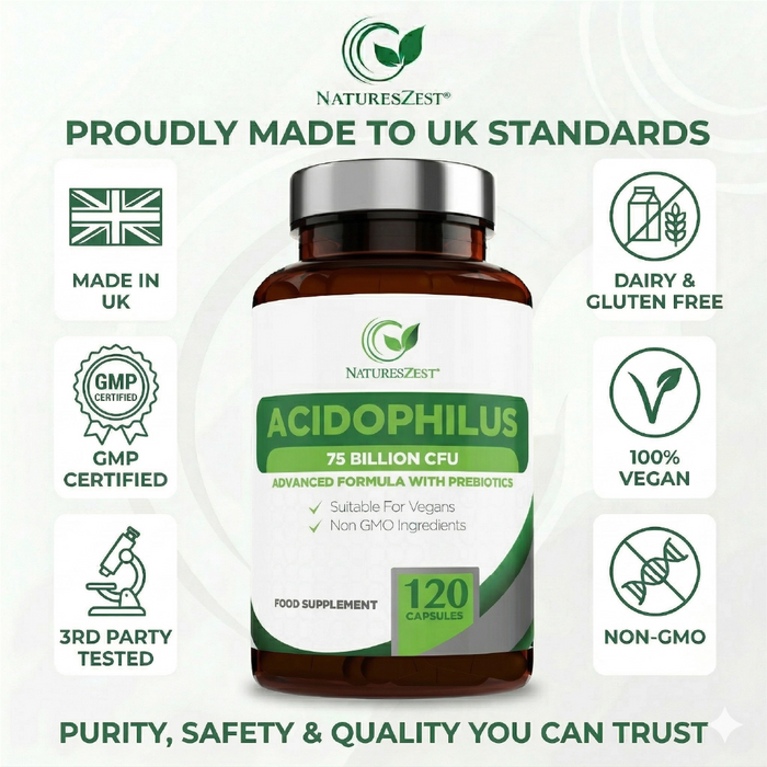 High Strength Probiotic 75 Billion CFU for Gut & Digestive Health Support – Lactobacillus Acidophilus with Prebiotics, 120 Capsules