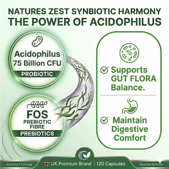 High Strength Probiotic 75 Billion CFU for Gut & Digestive Health Support – Lactobacillus Acidophilus with Prebiotics, 120 Capsules