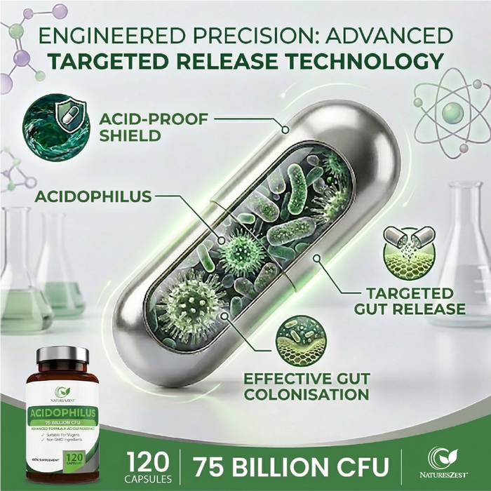 High Strength Probiotic 75 Billion CFU for Gut & Digestive Health Support – Lactobacillus Acidophilus with Prebiotics, 120 Capsules