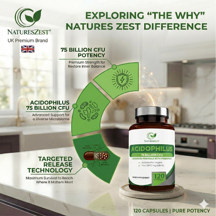 High Strength Probiotic 75 Billion CFU for Gut & Digestive Health Support – Lactobacillus Acidophilus with Prebiotics, 120 Capsules