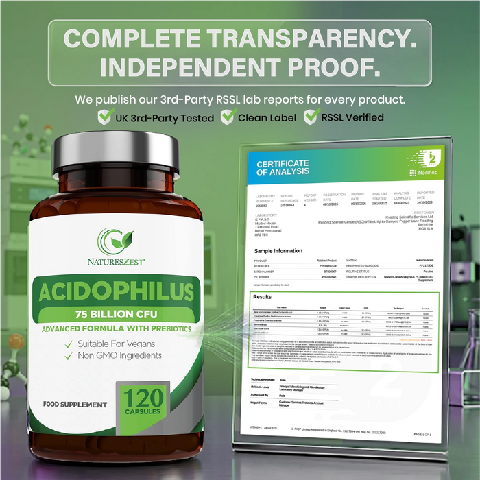 High Strength Probiotic 75 Billion CFU for Gut & Digestive Health Support – Lactobacillus Acidophilus with Prebiotics, 120 Capsules