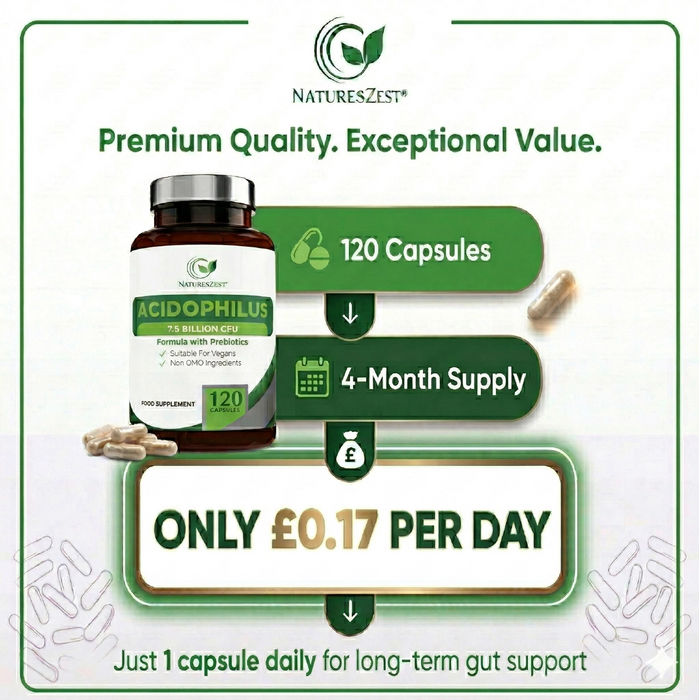 High Strength Probiotic 75 Billion CFU for Gut & Digestive Health Support – Lactobacillus Acidophilus with Prebiotics, 120 Capsules