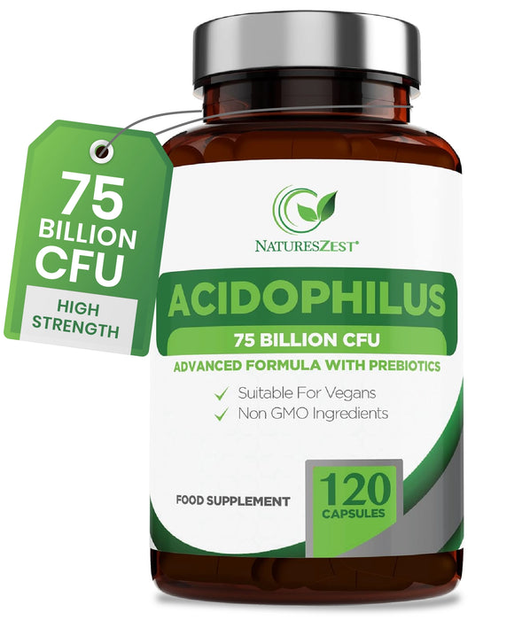 High Strength Probiotic 75 Billion CFU for Gut & Digestive Health Support – Lactobacillus Acidophilus with Prebiotics, 120 Capsules