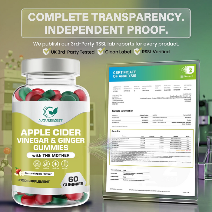 Apple Cider Vinegar & Ginger Gummies with The Mother | 500mg ACV + 10mg Ginger per Serving, Natural Apple Flavour | 60 Gummies