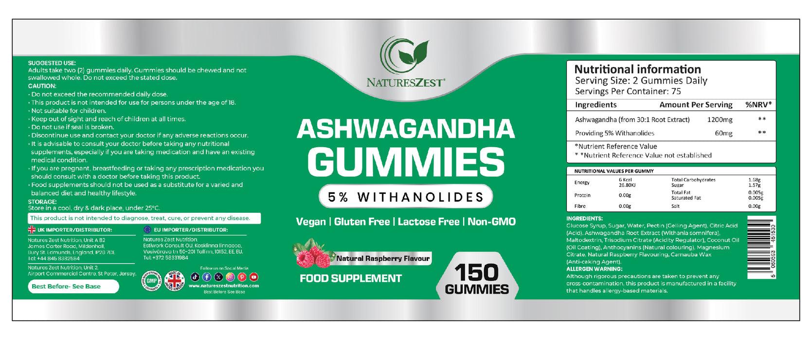 Premium Ashwagandha Gummies – 5% Withanolides, Natural Raspberry Flavour (150 Vegan Gummies)