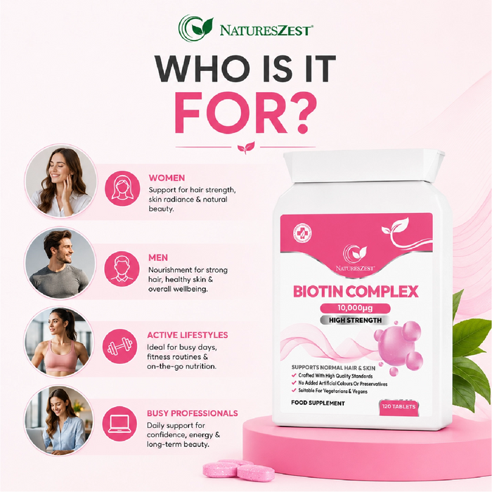Biotin Complex for Hair, Skin & Nail Health – High Strength 10,000µg Vitamin B7, 120 Vegan Biotin Tablets