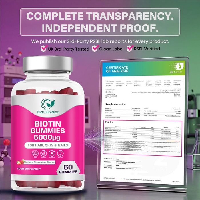 Biotin Gummies for Hair, Skin & Nail Support – 5000µg, Natural Strawberry Flavour, 60 Vegan Gluten-Free Non-GMO Gummies