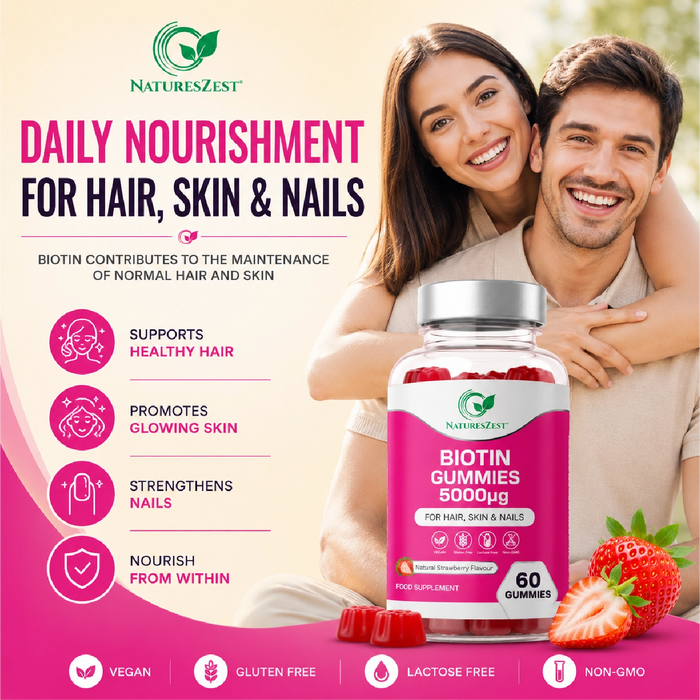Biotin Gummies for Hair, Skin & Nail Support – 5000µg, Natural Strawberry Flavour, 60 Vegan Gluten-Free Non-GMO Gummies