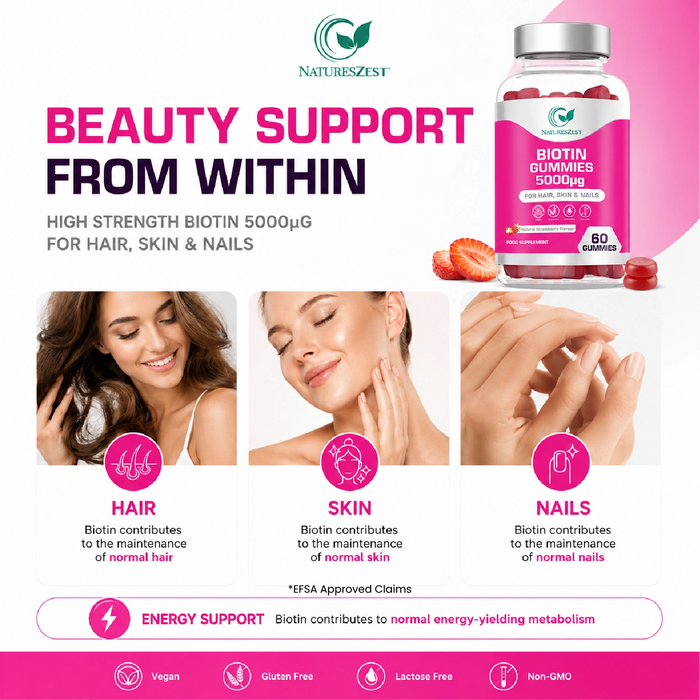 Biotin Gummies for Hair, Skin & Nail Support – 5000µg, Natural Strawberry Flavour, 60 Vegan Gluten-Free Non-GMO Gummies